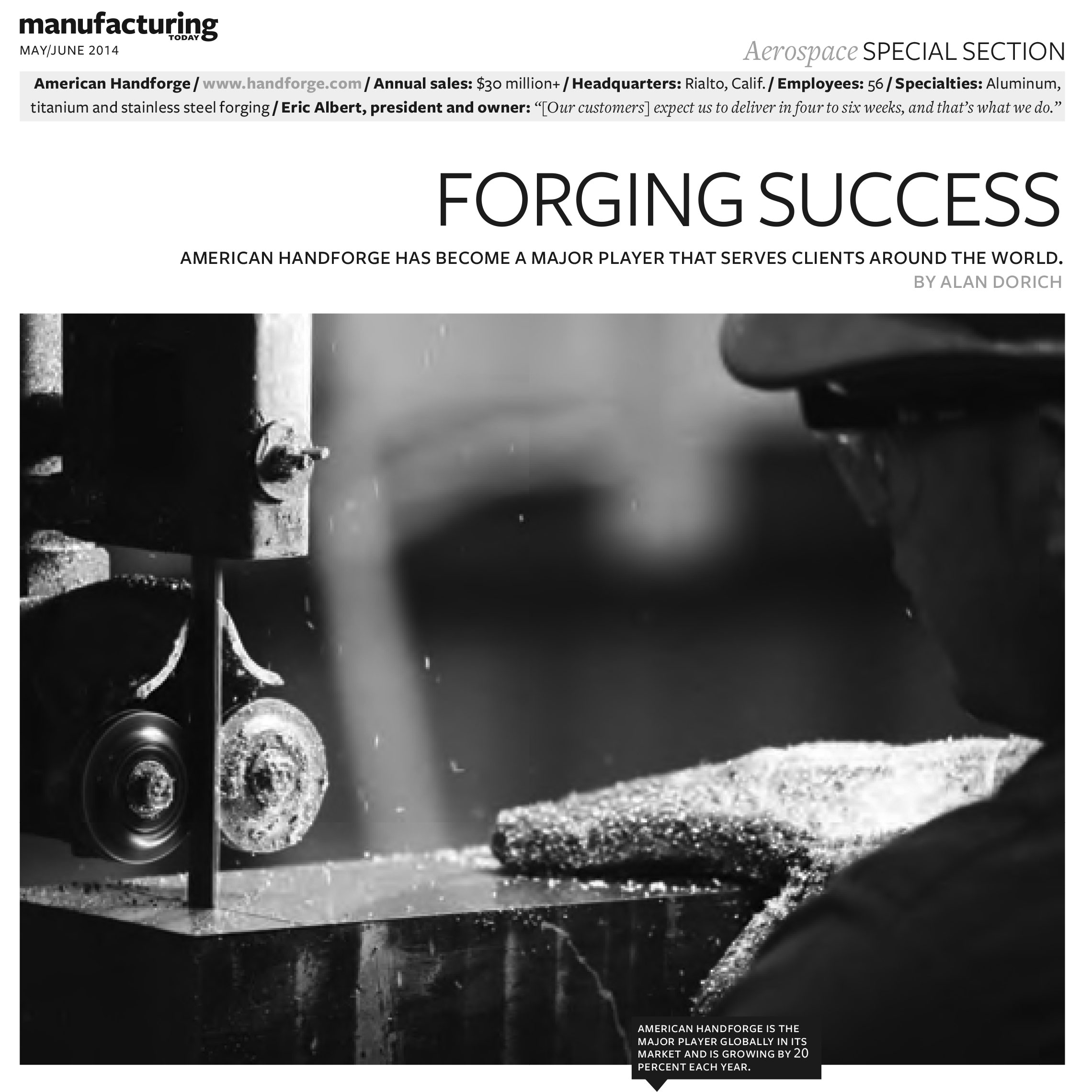 Manufacturing Today magazine feature on American Handforge, titled Forging Success
